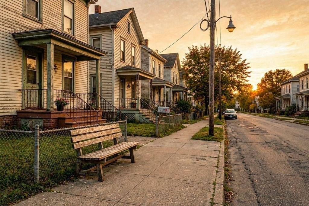 Wooden bench along a quiet residential street at sunset, surrounded by aging houses and warm evening light, evoking memory and the passage of time.