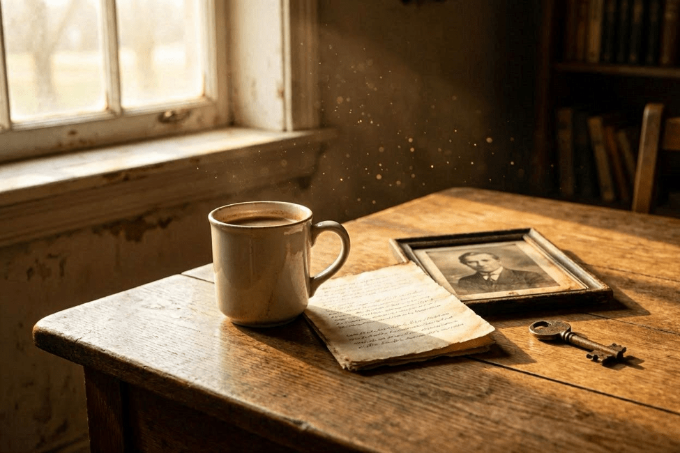 A cracked coffee mug, a faded handwritten letter, an old photograph, and a rusted key resting on a wooden table illuminated by warm afternoon light.
