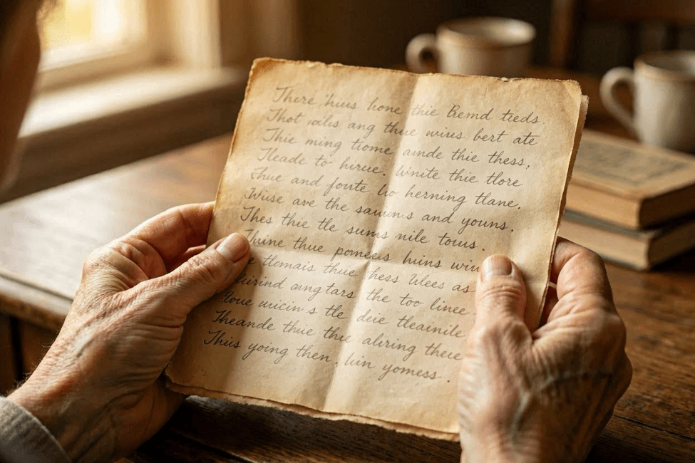 An elderly person holding a faded handwritten letter near a window, revisiting old memories.