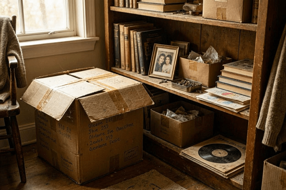 An old cardboard box filled with photographs, books, and personal keepsakes stored among household belongings.