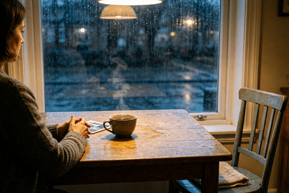 A person sitting by a rain-covered window beside an empty chair and a cup of coffee, reflecting on memories of someone no longer present.