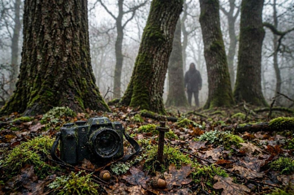 An abandoned camera covered in moss lies on the forest floor while a shadowy figure stands among the trees in the distance.