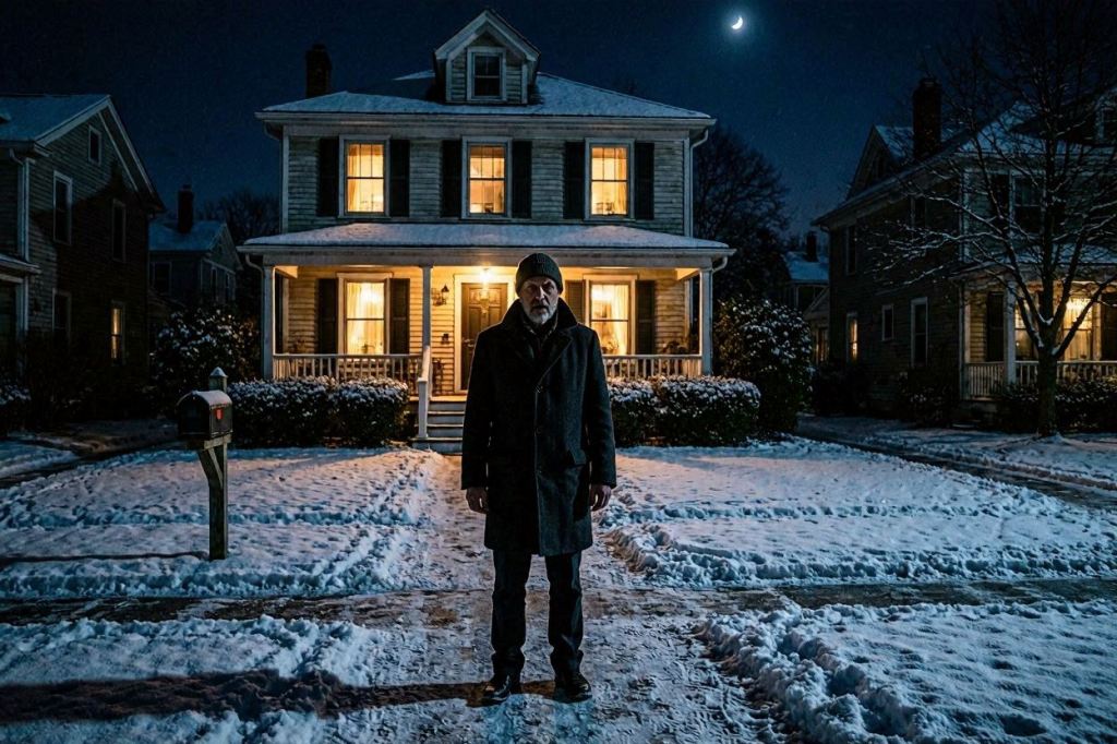 Edward Pierce stands alone in front of his house on a snowy winter night after mysteriously returning years after his disappearance.