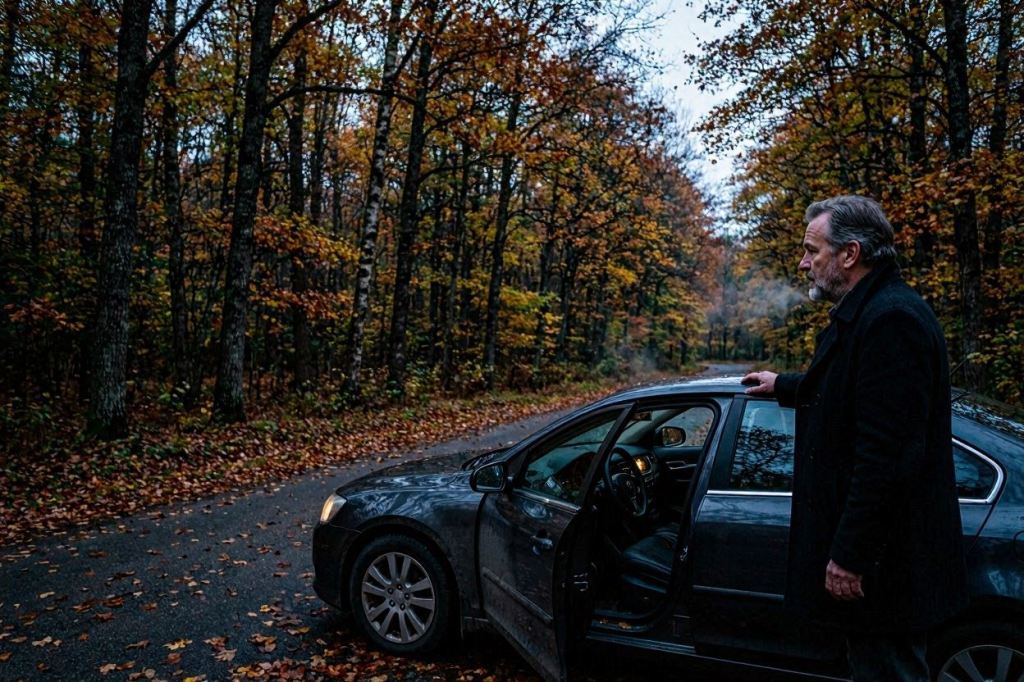 Edward Pierce beside his car at the edge of the forest shortly before the events that changed his life.
