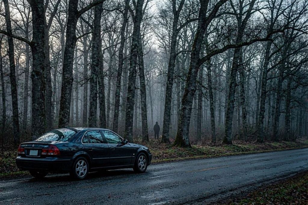 A parked car on a quiet forest road as a shadowy figure watches from the woods.
