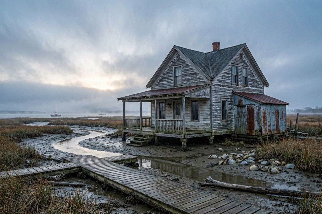 Abandoned waterfront house on Shelter Island surrounded by marshland at dawn.