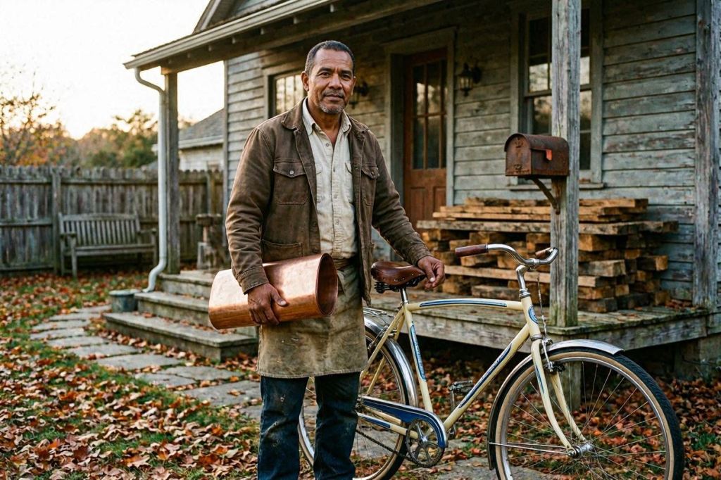 Older man standing beside a vintage bicycle outside a weathered house on Shelter Island.