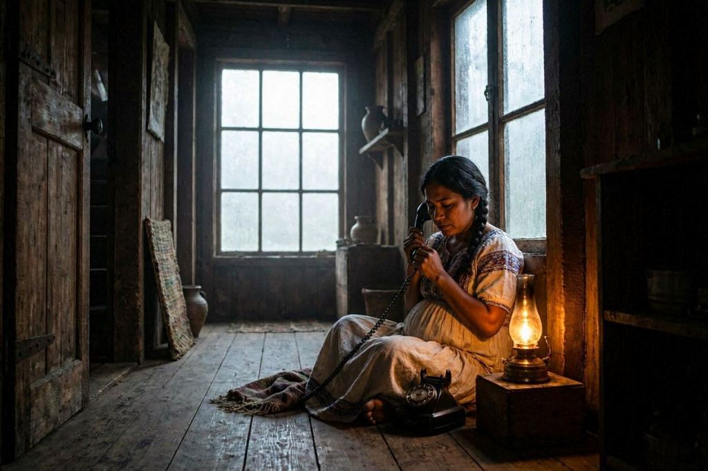Pregnant woman standing outside a weathered wooden house on Shelter Island at night while her husband approaches.