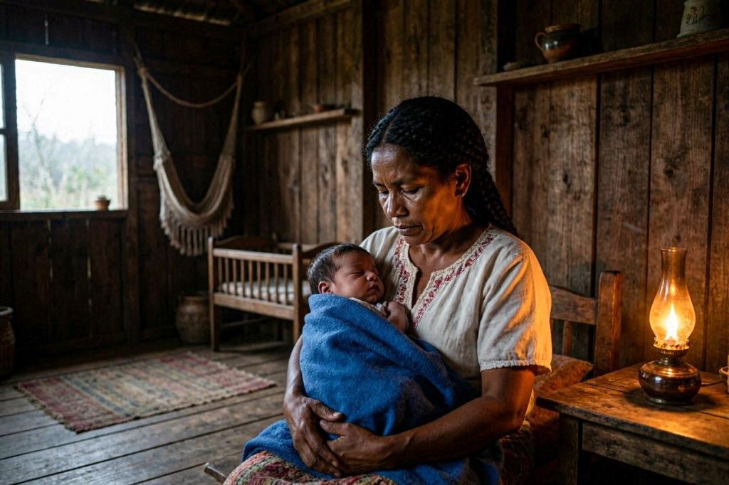 Woman holding her newborn baby inside a rustic wooden house illuminated by an oil lamp.