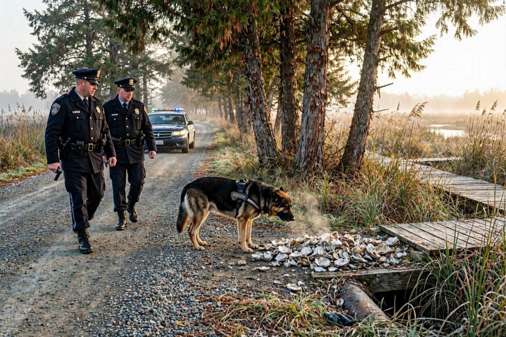 Police officers with a search dog investigating oyster shells near the marshes of Shelter Island.