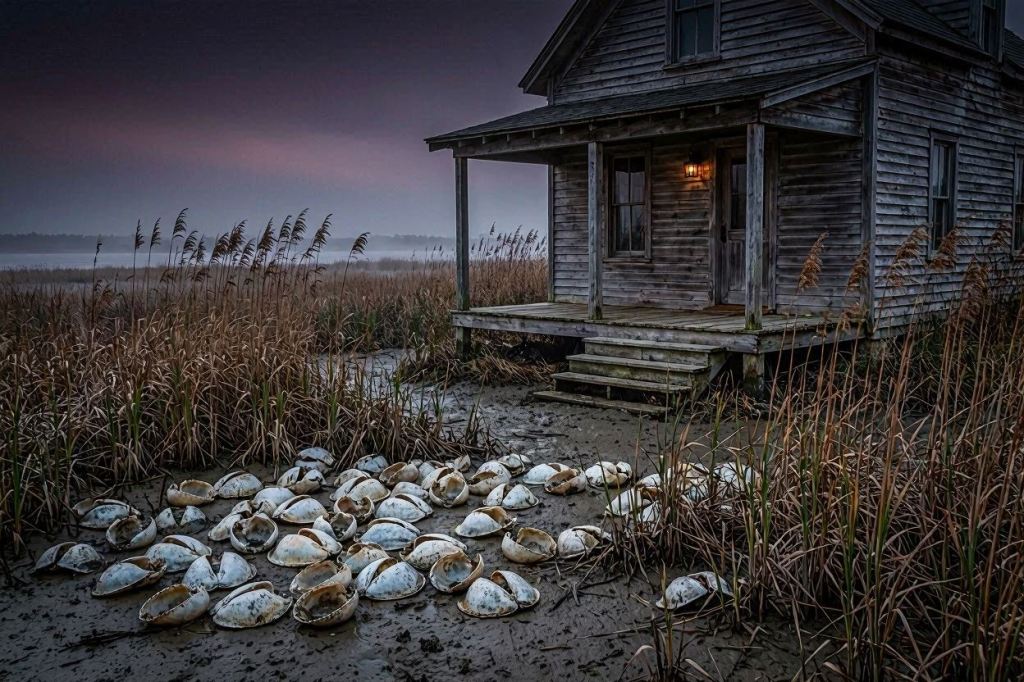 Abandoned waterfront house on Shelter Island at dusk, surrounded by marshland and horseshoe crab shells.