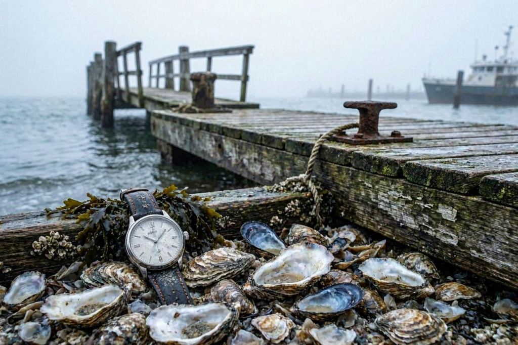 Vintage wristwatch resting among oyster shells beside an old dock on Shelter Island.