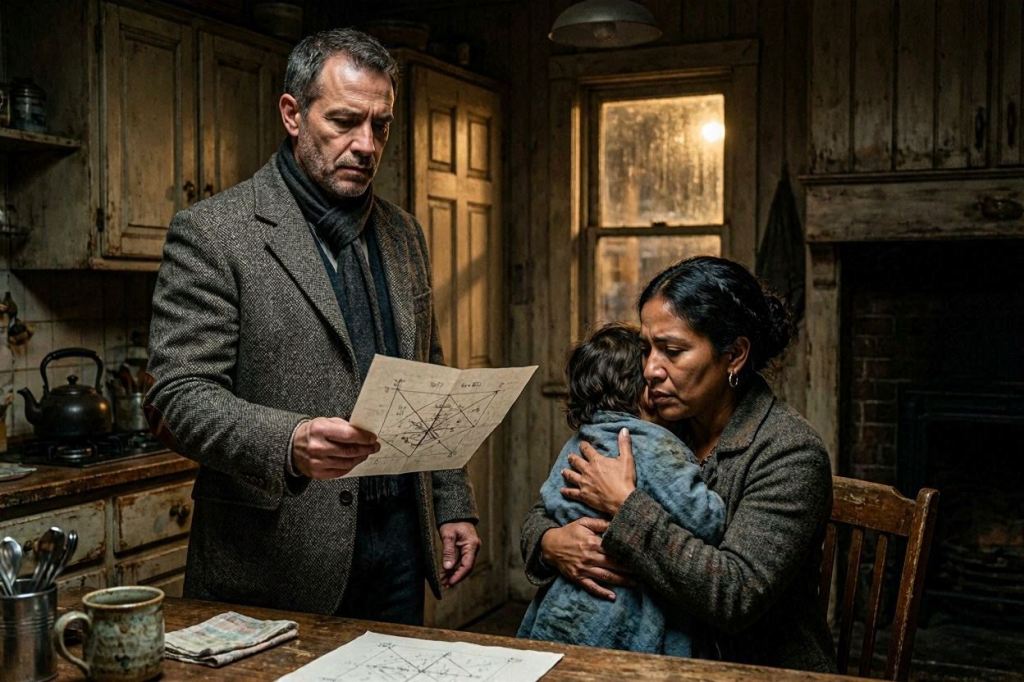 Investigator showing an old map to Isabel while she holds her frightened young son inside their weathered house on Shelter Island.