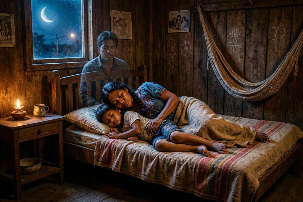 Mother and child sleeping while the ghostly figure of a man watches over them inside a wooden bedroom.